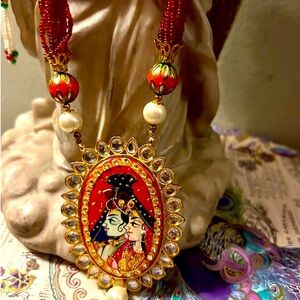 Hand-Painted Indian Necklace – Radha Krishna Enamel Pendant w/ Red Beads